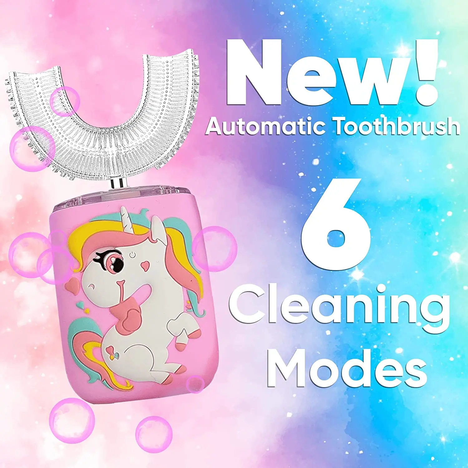 Unicorn Age 2-12 Waterproof Ultra Sonic 6 Brush Cleaning Modes 360 Degree U Shape Electric Toothbrush For Kids With Smart Timer