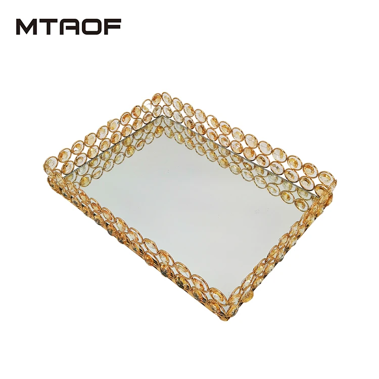 
nodic glass hollow wedding hotel decoration crystal metal square serving Mirror tray 