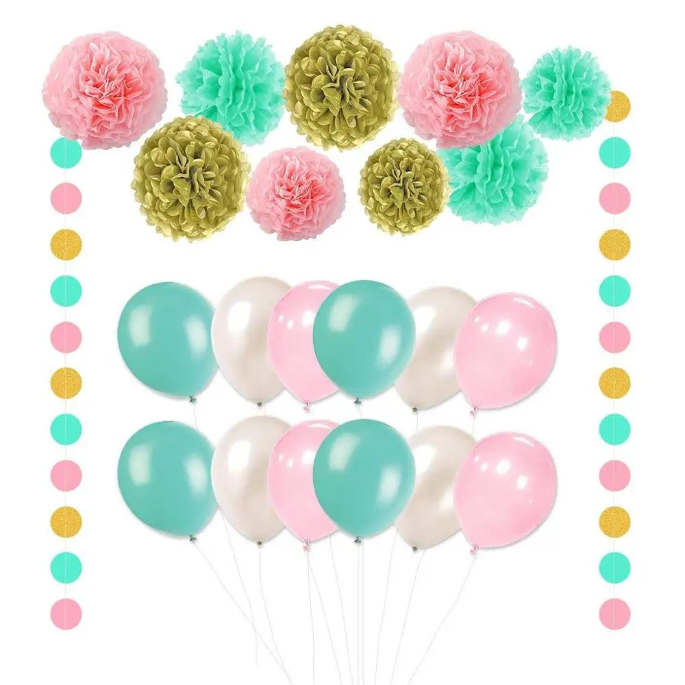 Hot selling paper flower ball set Tiffany blue romantic white fishtail flag latex balloon birthday party decoration