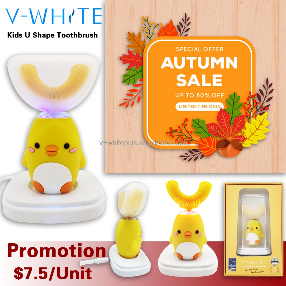 creative 360 degree flashing cartoon oral care u-shaped children led yellow toothbrush u shape baby silicone toothbrush