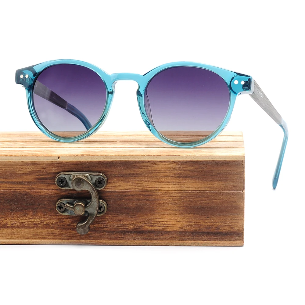 New fashion high quality round acetate frame wooden temple sunglasses