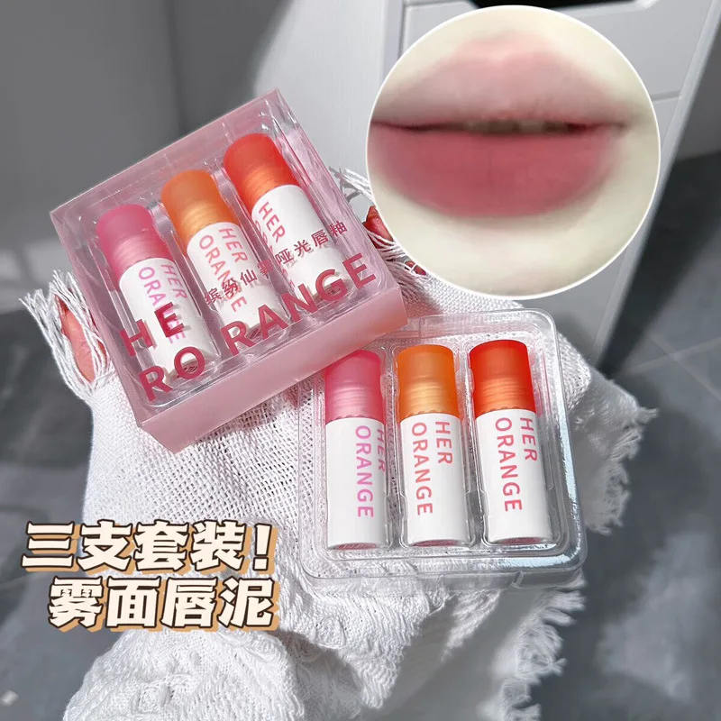 HERORANGE three per package Matte Velvet Lip Glaze set nude color series no stain on cup white air feeling lip mud set