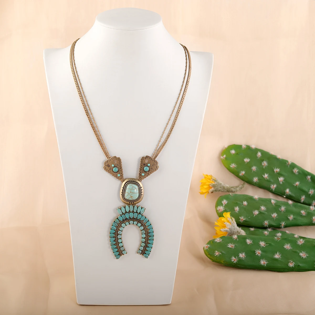 Latest Design gold plating Bohemian style turquoise pendant necklace Southwest Turquoise necklace for women