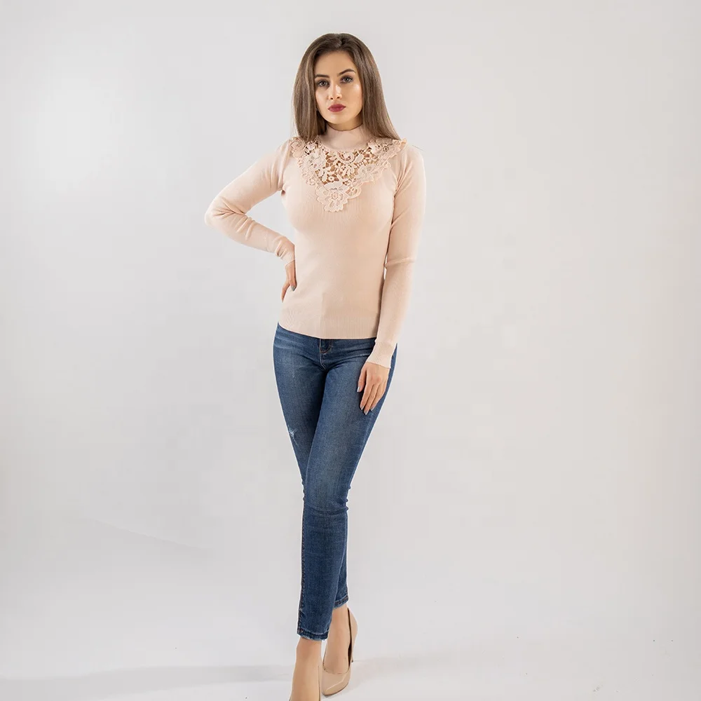  Цветок кружева из кусков пуловер длинный рукав модная дамская Slim Fit трикотаж сексуальные женские вязаные