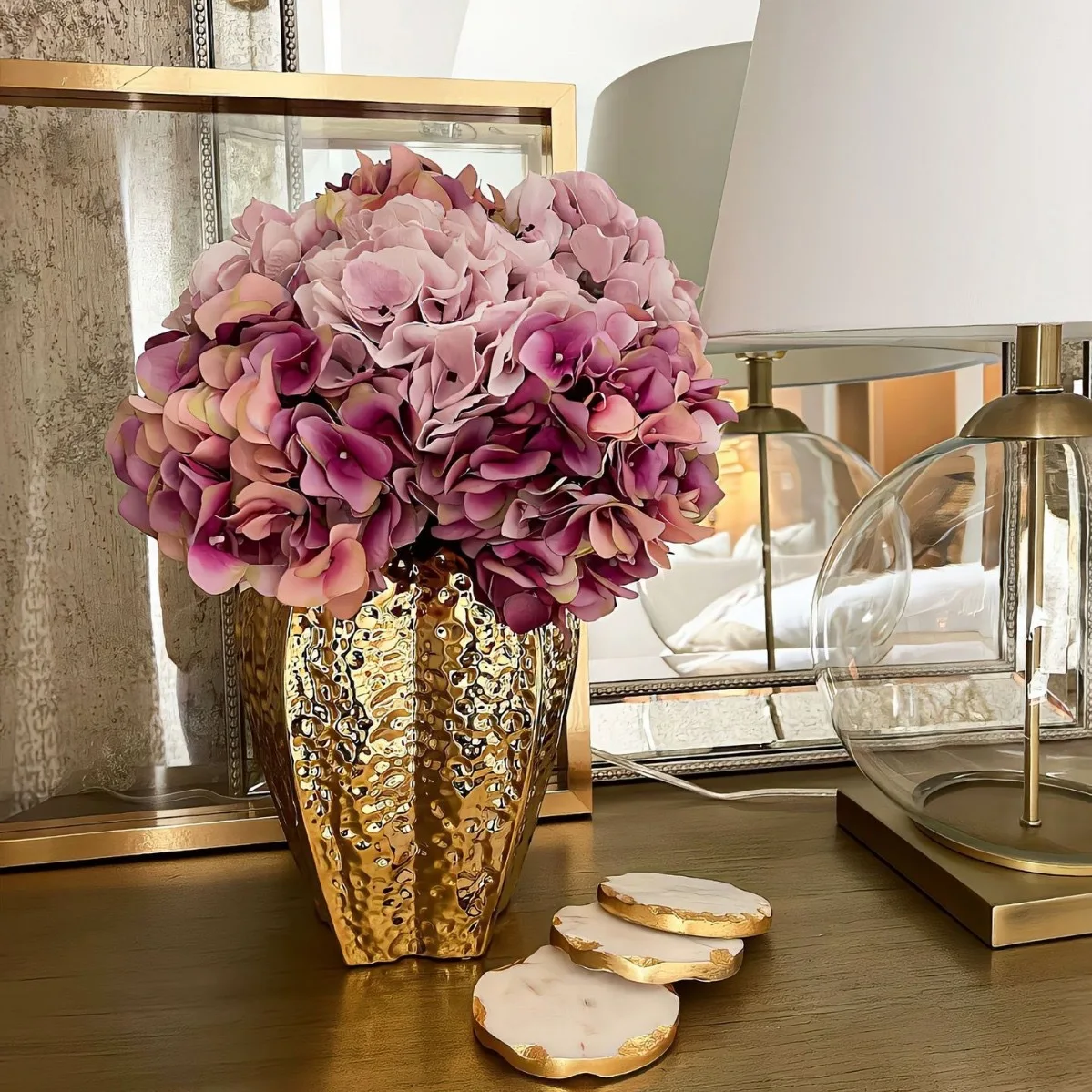 Creative Golden Ceramic Open Vase Electroplated Ornament for Home Hotel Restaurant Wedding Living Room Coffee Table