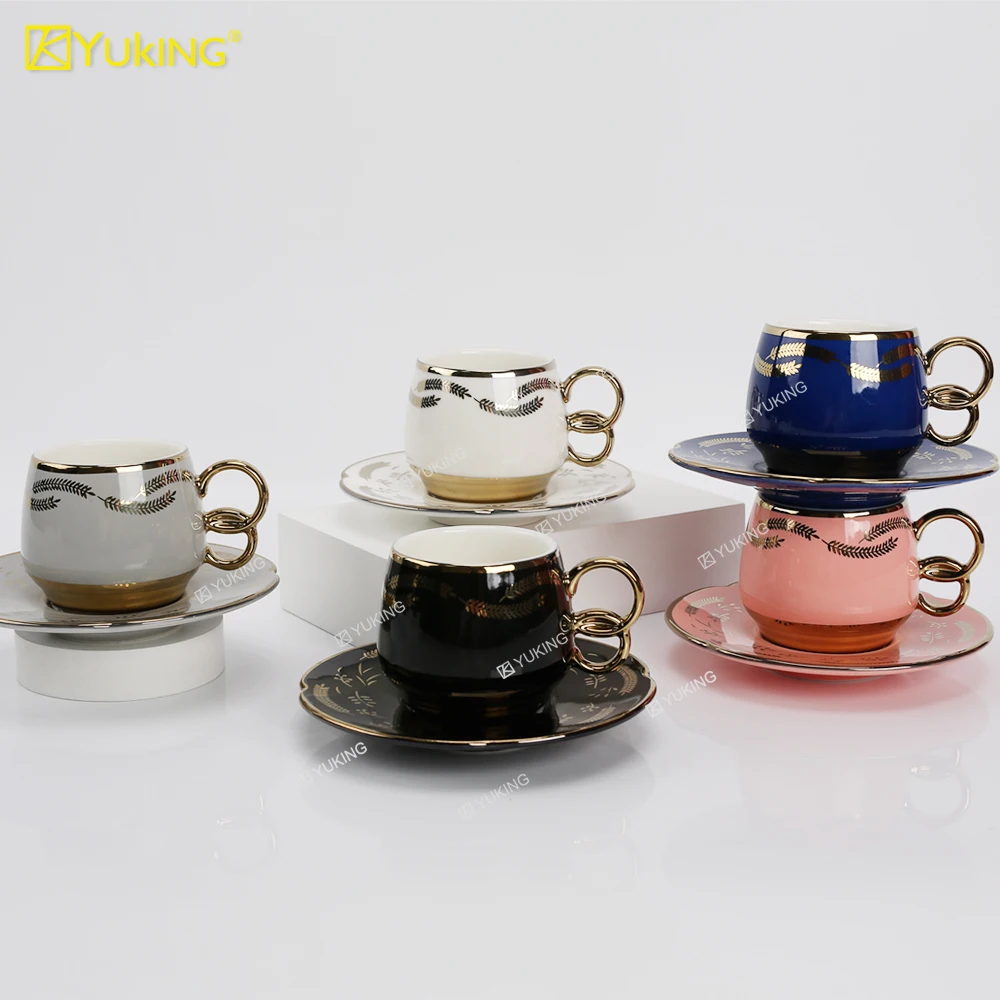 Wholesale 110ml custom logo Dubai style coffee cup Ceramic Gold Electroplating Turkish Coffee Cups Arabic Ceramic Cup And Sauce