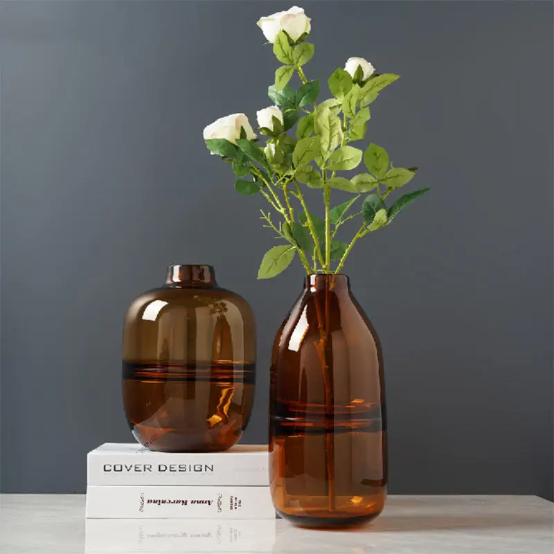 Wholesales Custom Nordic Modern Home Hotel Decorative Round Ball Shaped Amber Brown Hydroponic Bud Glass Vase for Flower