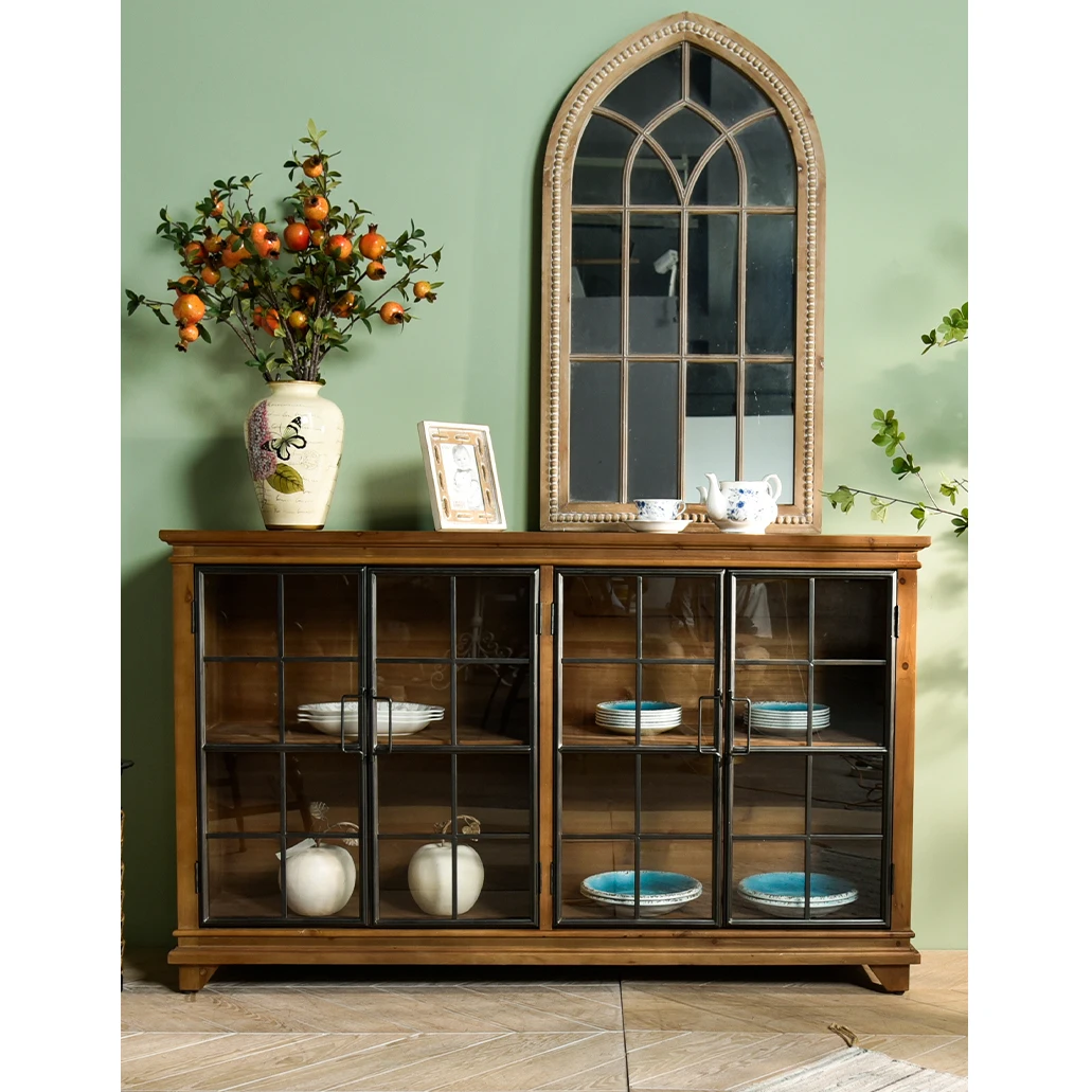 INNOVA Vintage industrial style solid wood accent dining sideboards storage cabinet furniture with glass metal door