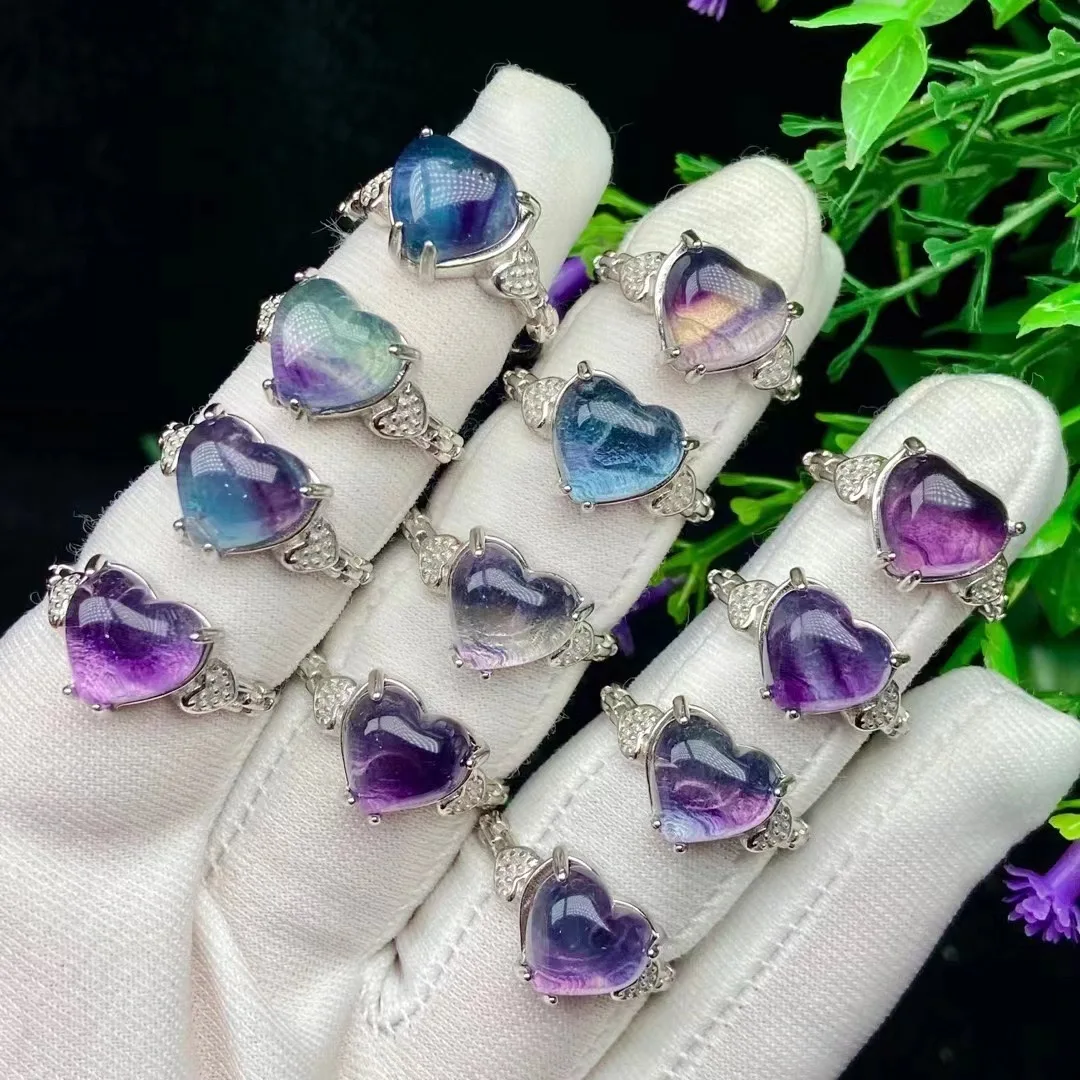 Wholesale Jewelry Nephrite Jade Rings Aquamarine Rainbow Fluorite Heart Shaped Rings for Gift