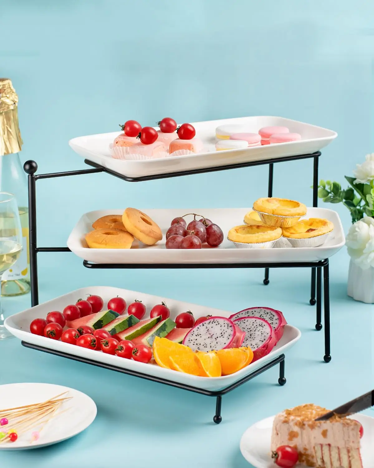 3 Tier Serving Tray with 14x8in Platters, Rotatable & Foldable Tiered Food Display Stand for Durable Serving Trays
