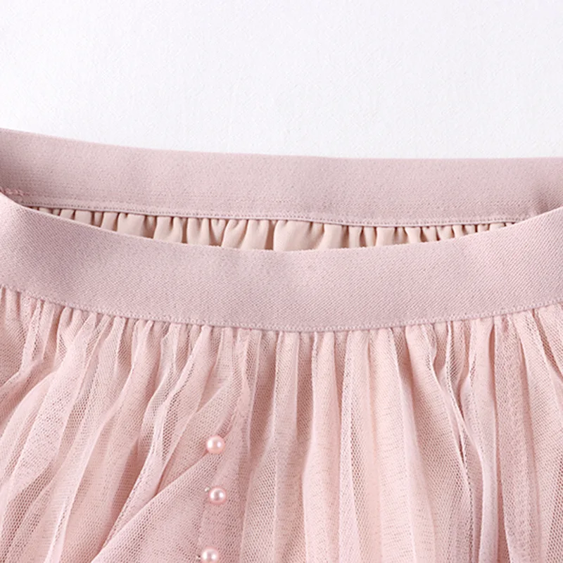 Summer New Pink Ball Gowns Sweet Tulle Skirt Women Elegant Asymmetric Mesh Lace Princess Dresses Beads A Line Skirts For Party