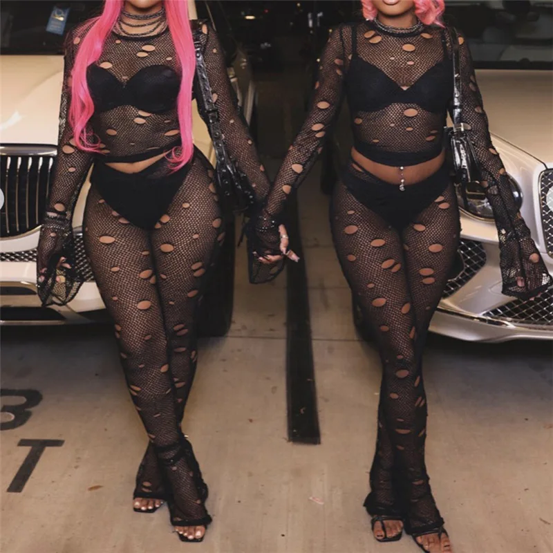 ZHEZHE Long Sleeve Crop Tops And Leggings Pants Party Club Wear See Through Hollow Out Sexy 2 Piece Set Women Lingerie