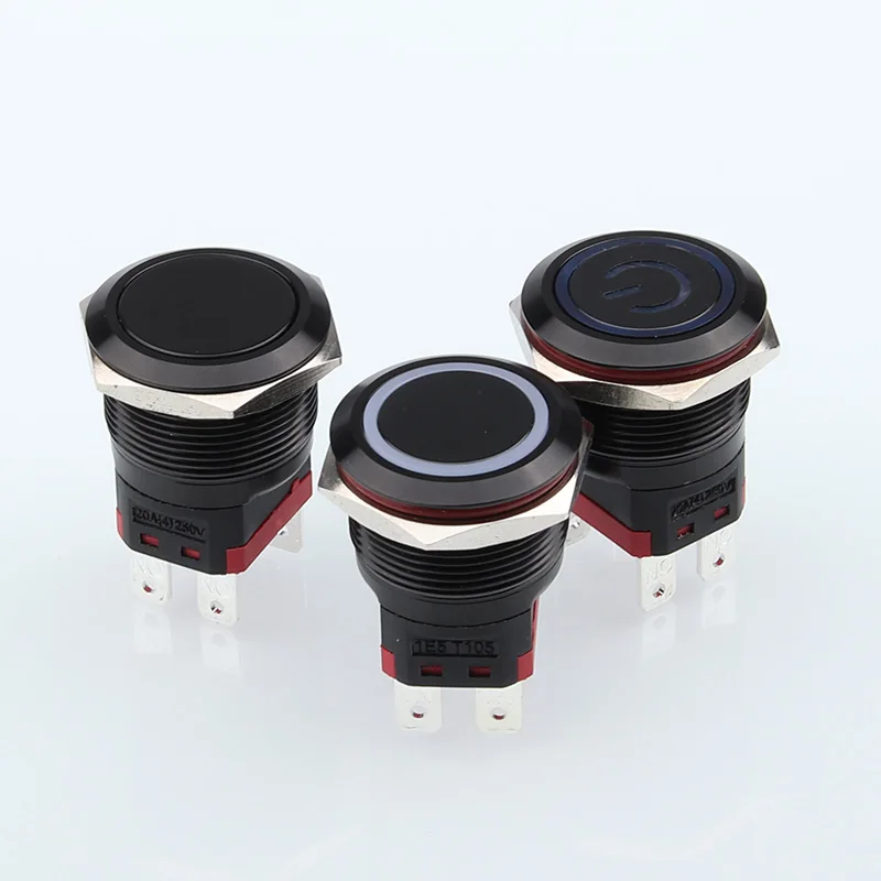CHAOLEI 25 мм 20A Высокоточный металлический кнопочный переключатель, черный со светодиодной подсветкой 2NO