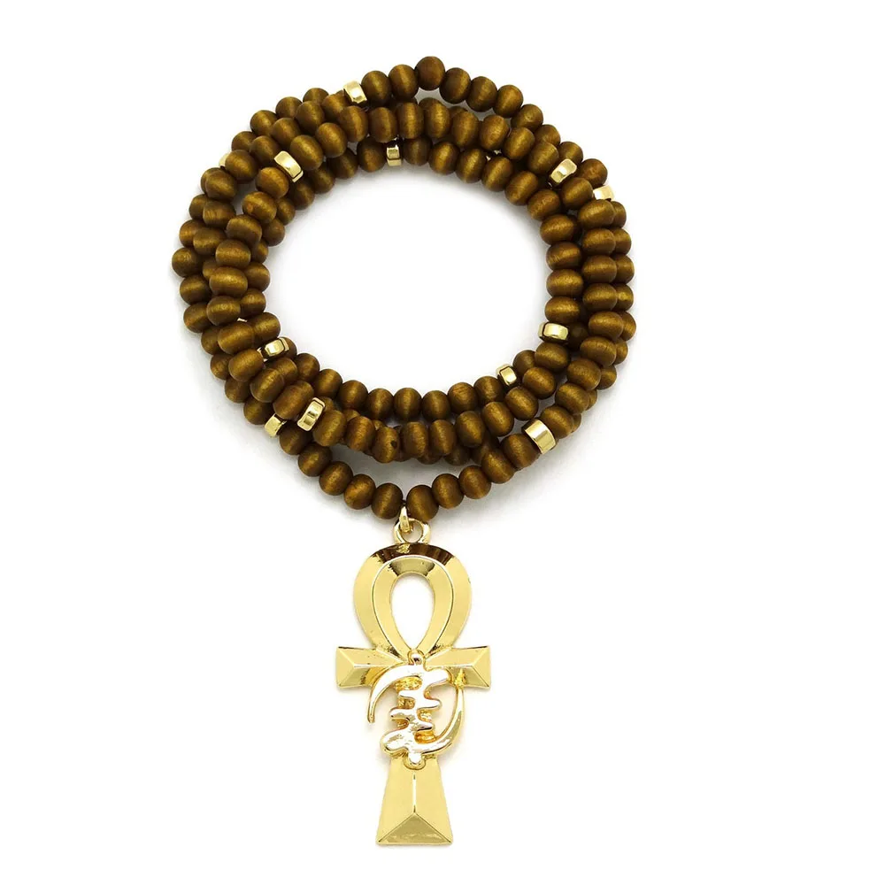Egyptian Gye Nyame on Ankh Cross Pendant 6mm 30inch Black Wood Bead Hip Hop Necklace
