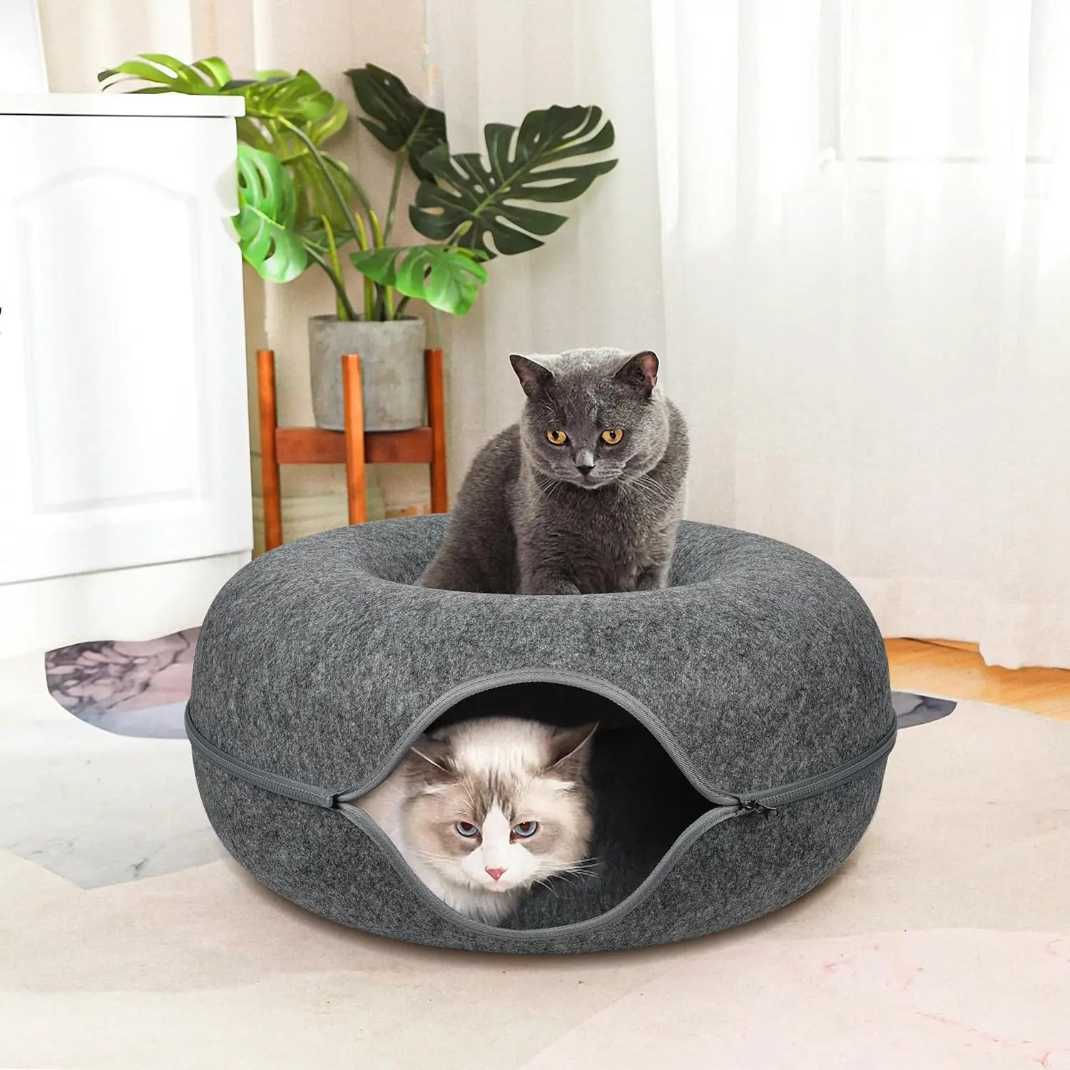 Detachable Round Felt Washable Interior Cat Play Tunnel Bed Cave For Indoor Cave For Small Dogs Pets
