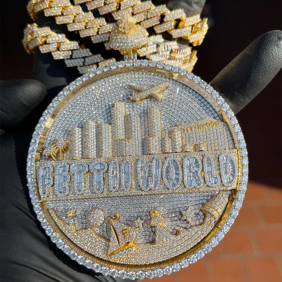 Custom 3D Baguette Money Bag Bail Bussdown Iced Out Moissanite logo Pendant