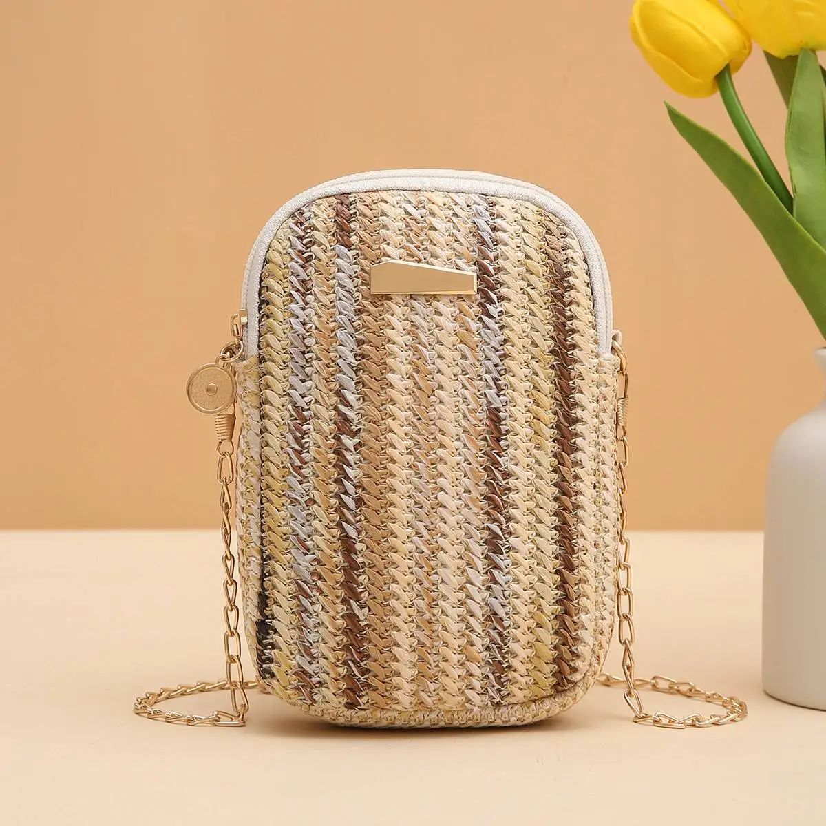 All Girls Crossbody Rainbow Color Straw Bag 2024Girl Handbags Woven Mobile Phone Bag
