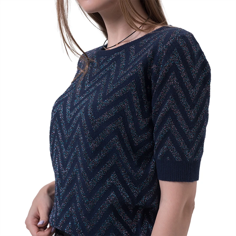 
Ever Fashion 2020 New Popular Color Design Lurex Navy Knit Tshirt Sweater Shrug Women College Sweater Pullover 