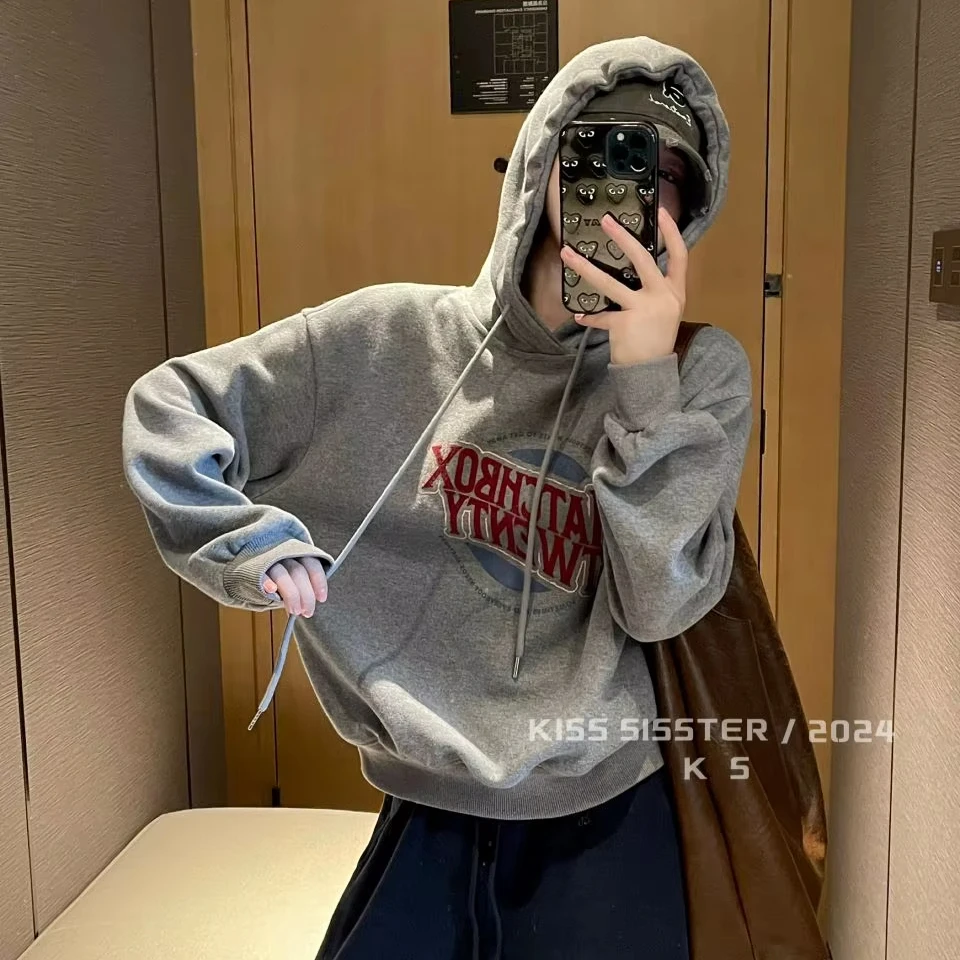 KISS SISTER Korean Version of Everything Now Casual Loose Letter Flock Print With Fleece Hoodie 24A9815