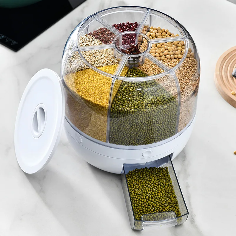 Dispenser Storage Box Rice Dispenser Kitchen Moisture Proof 6 Grid Rotating Food Grain Dispenser Cereal Rice Container