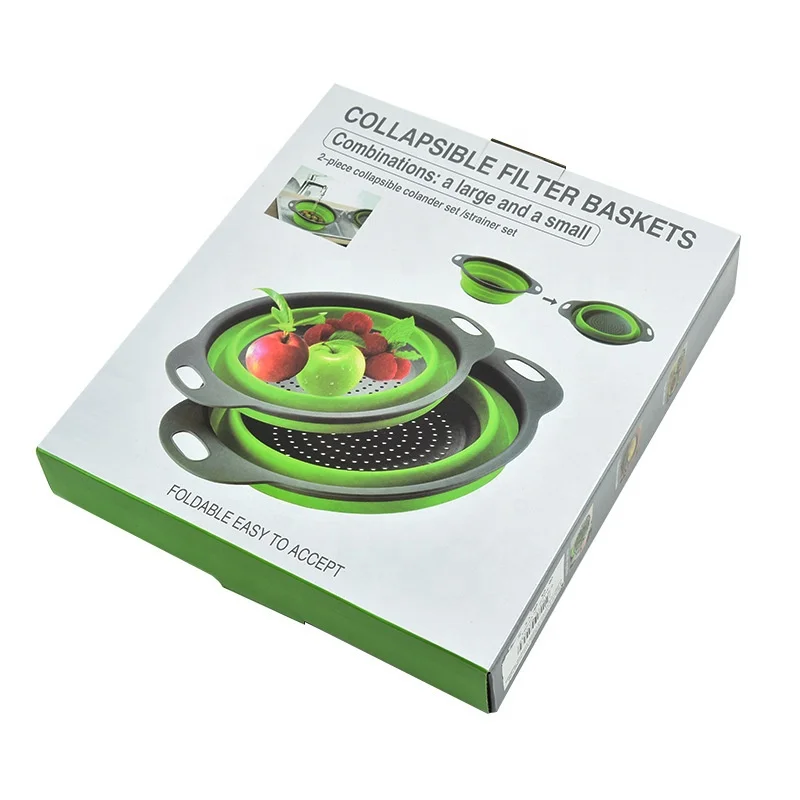 Collapsible Silicone Colander Strainer Set Space-Saving Sturdy Plastic Base Green Red Colored Pasta Food Net Strainer Kitchen