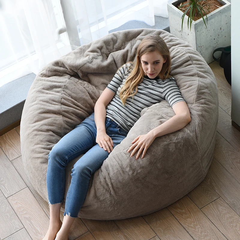 Customized Faux Fur Foam Filled Bean Bag Drawing Room Comfortable Giant Seat Bean Bag Oversize Beanbag Sofa Chair Pure Brown XXL