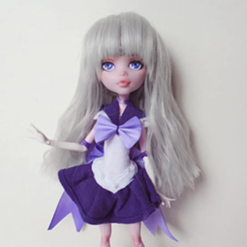 Long Straight Silver Grey Synthetic Hair BJD Doll Wigs with Hair Bangs