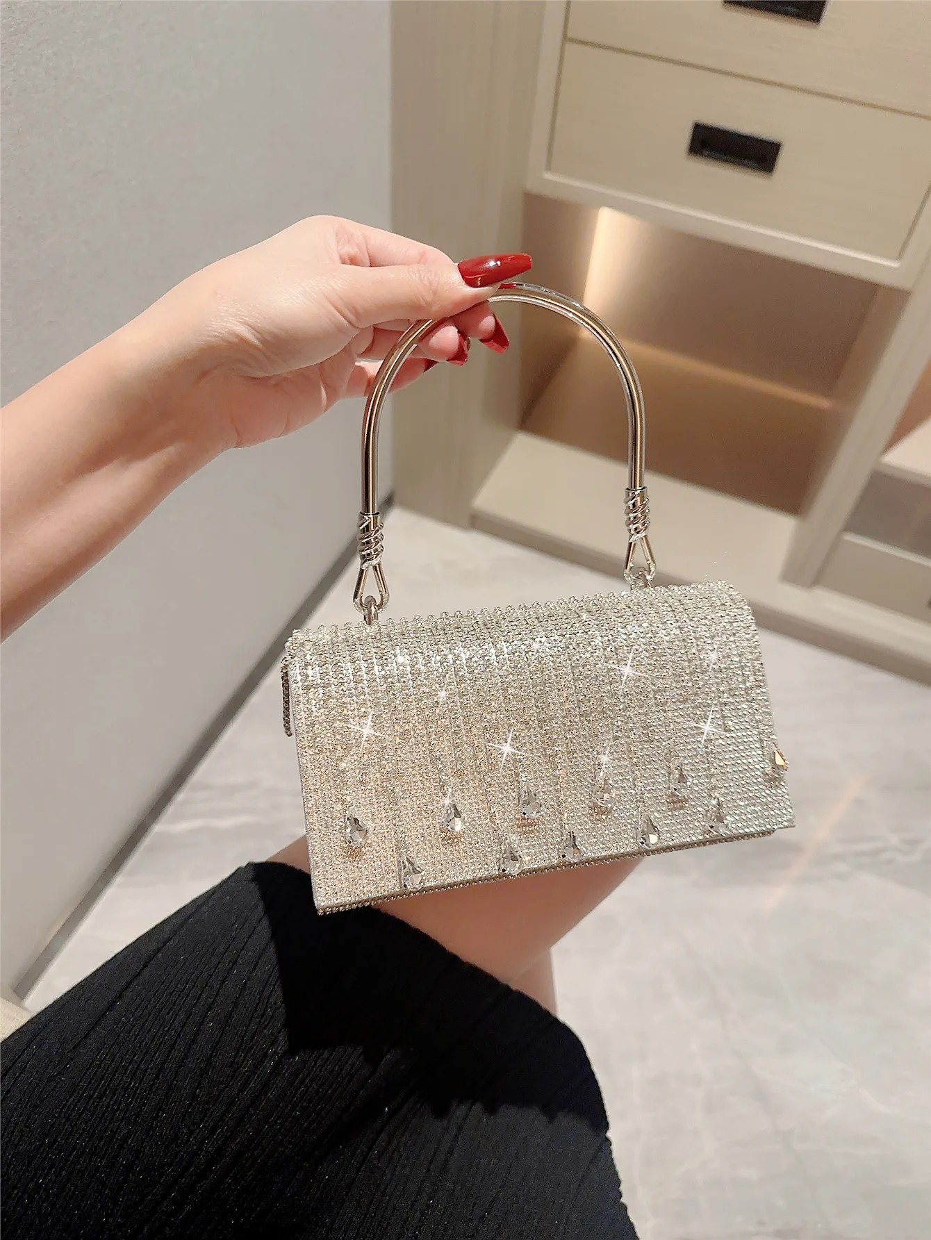 Tassel Rhinestone Handbag Evening Bag For Women Shiny Crystal Sparkle PU Clutch Dinner Bag Wholesale