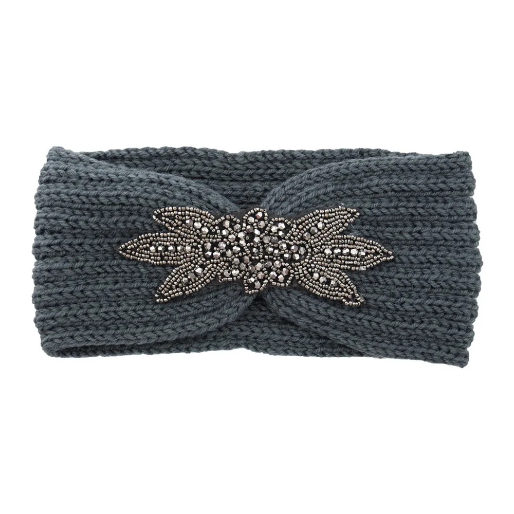 HZO-24128 Sports Headband Diamond Six-Leaf Gem Knitting Wool Bow Pattern Woven Hair Accessories
