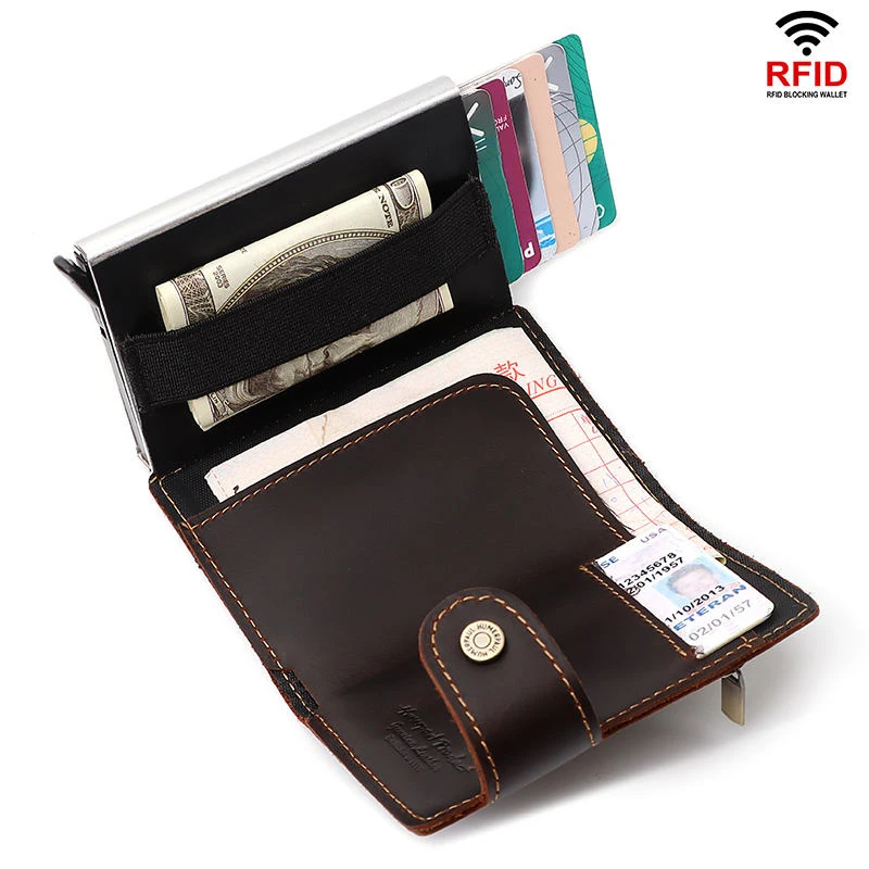 TS Leather RFID Blocking  Pop Up card holder Aluminum Card Case Business ID anti-theft wallet card holder