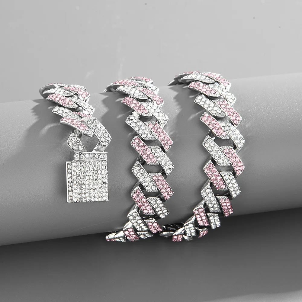 2021 Winter New15mm Hip Hop Color Necklace heavy link chain hiphop full diamond pink white Cuban chain