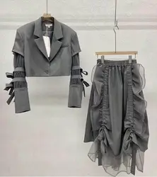 TNFS Women Suits Skirts And Tops Single Button  Blazer skirt set Coat High Waist Loose Casual Skirts Two Piece Sets Spring 2023