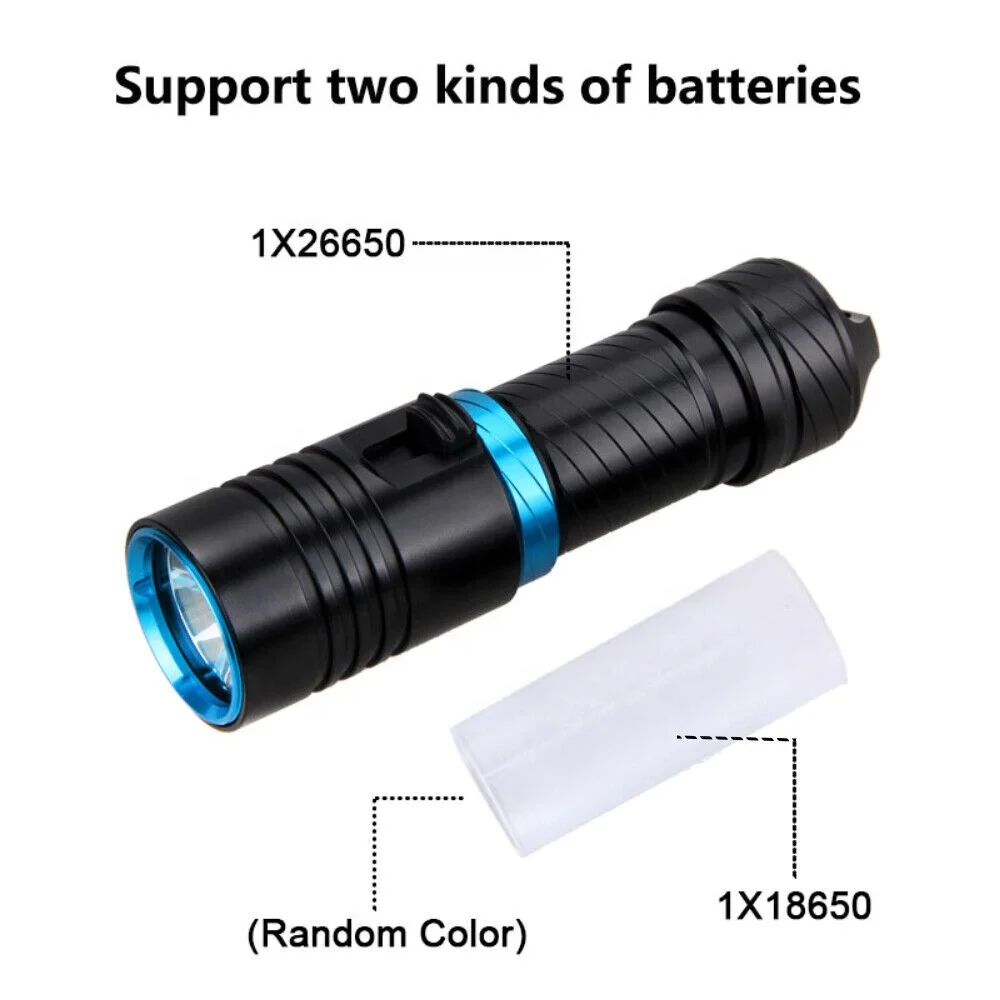 Hxj Professional Diving Flashlight DX1  T6 1500LM Rechargeable 26650 Distant Spotlight Scuba Flashlight with Strap