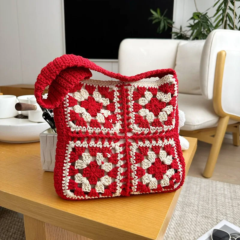 2024 Wholesale Bohemian All Handmade Granny Square Crochet Cotton Knit Flower Tote Summer Beach Bag For Women