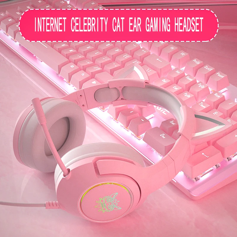 Hot sale ONIKUMA K9 Pink HiFi 3.5mm Wired Gaming Cat Ear Headset with Microphone for Computer for the cute girl.