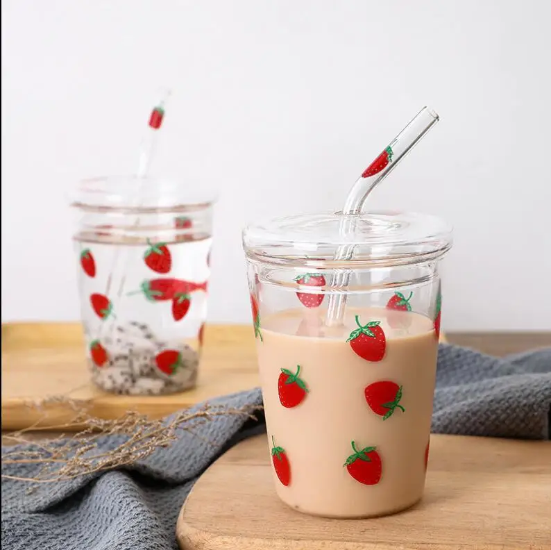  Бутылка для воды с соломинкой Милая бутылка стеклянная клубника большая емкость термостойкая чашка