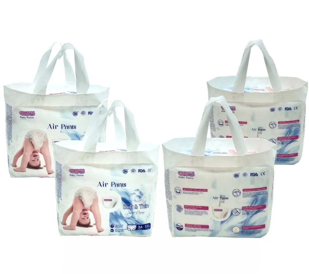 Air pants made of polymer absorbent material, white and beautiful hand-held packaging bag baby diapers wholesale
