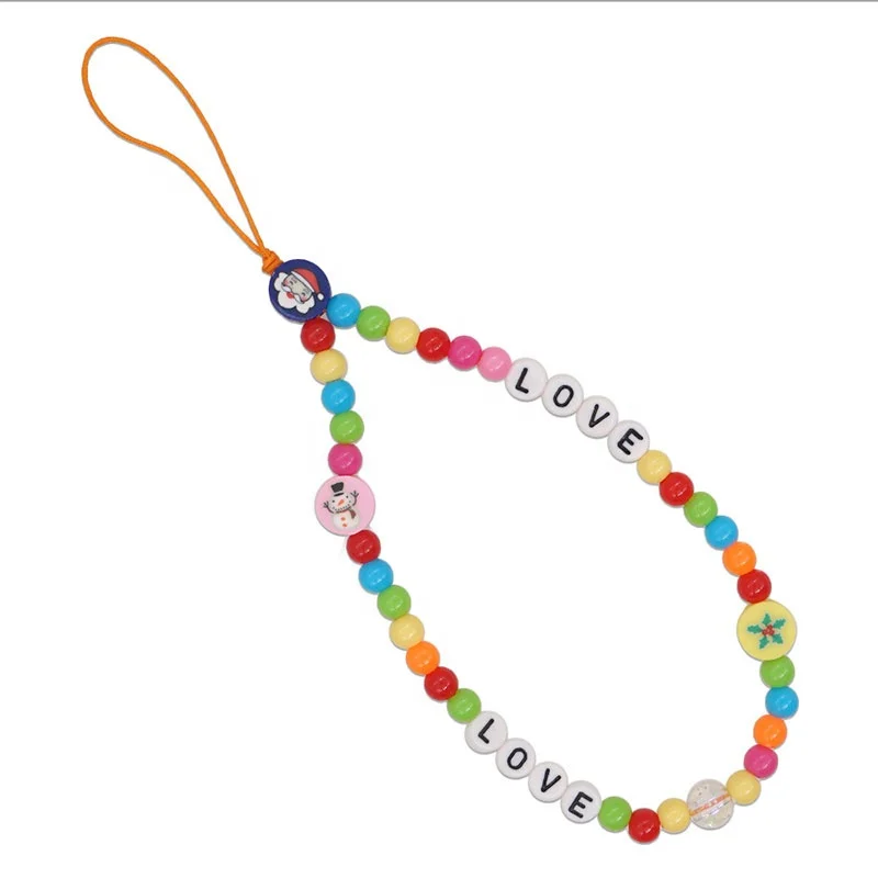 2021 Wholesale Christmas Colored Resin Soft Pottery Christmas Snowman Beaded Mobile Phone Chain For Girl