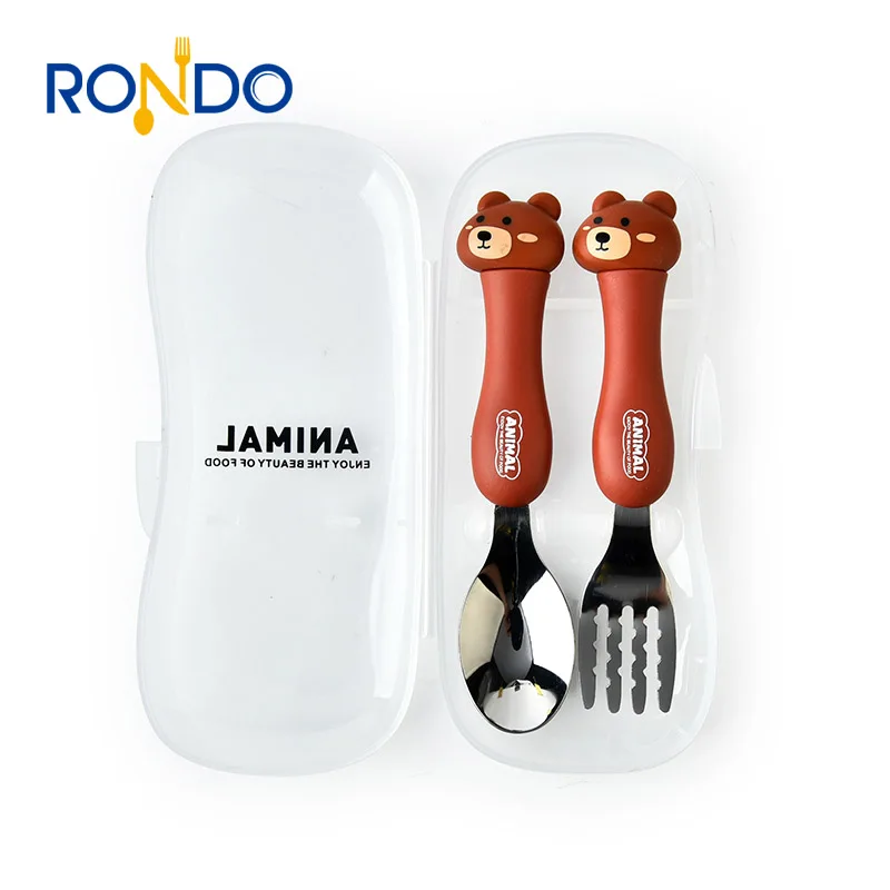 Creative portable cartoon animal cutlery set elementary kids children stainless steel cutlery cute fork spoon 2 pcs set