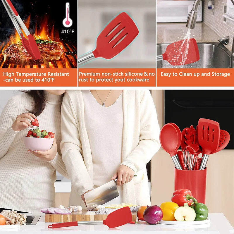 Home Kitchen Cooking Utensil Stainless Steel Handle And Silicone Cooking Tool Red 14 In 1 Silicone Kitchen Accessories Set