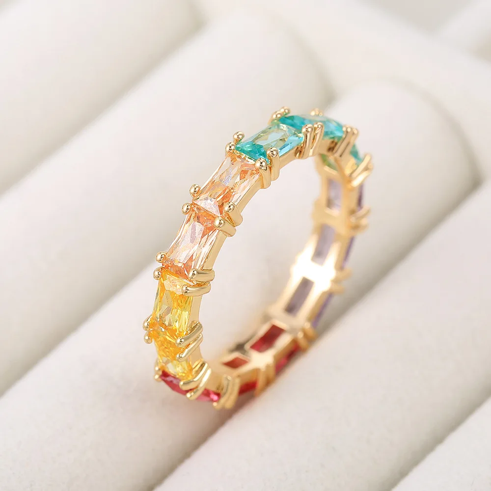 Luxury Fashion Rainbow Color Zircon Ladies Ring Wholesale Jewelry Cz Eternity Band Stack Baguette Cubic Zirconia Finger Ring