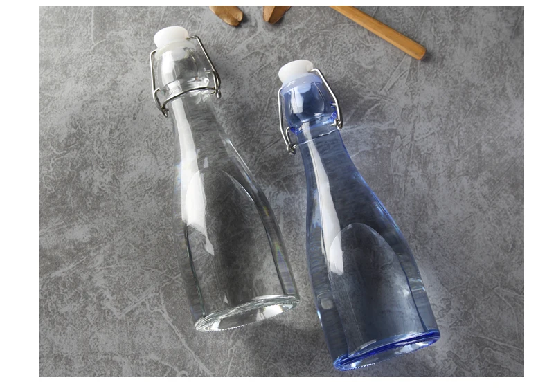 Custom Clear 500ml 750ml 1L bordeaux flat bottom swing top lid beverage beer glass wine bottle with airtight clip stopper