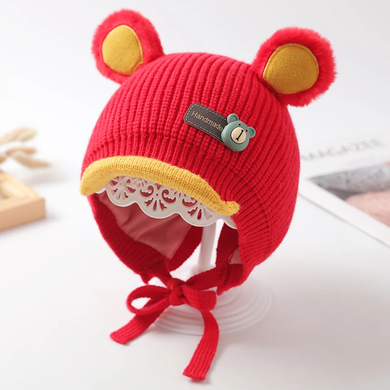 Осенне-зимняя теплая шапка с защитой ушей для новорожденных, вязаная шапка с милым медведем