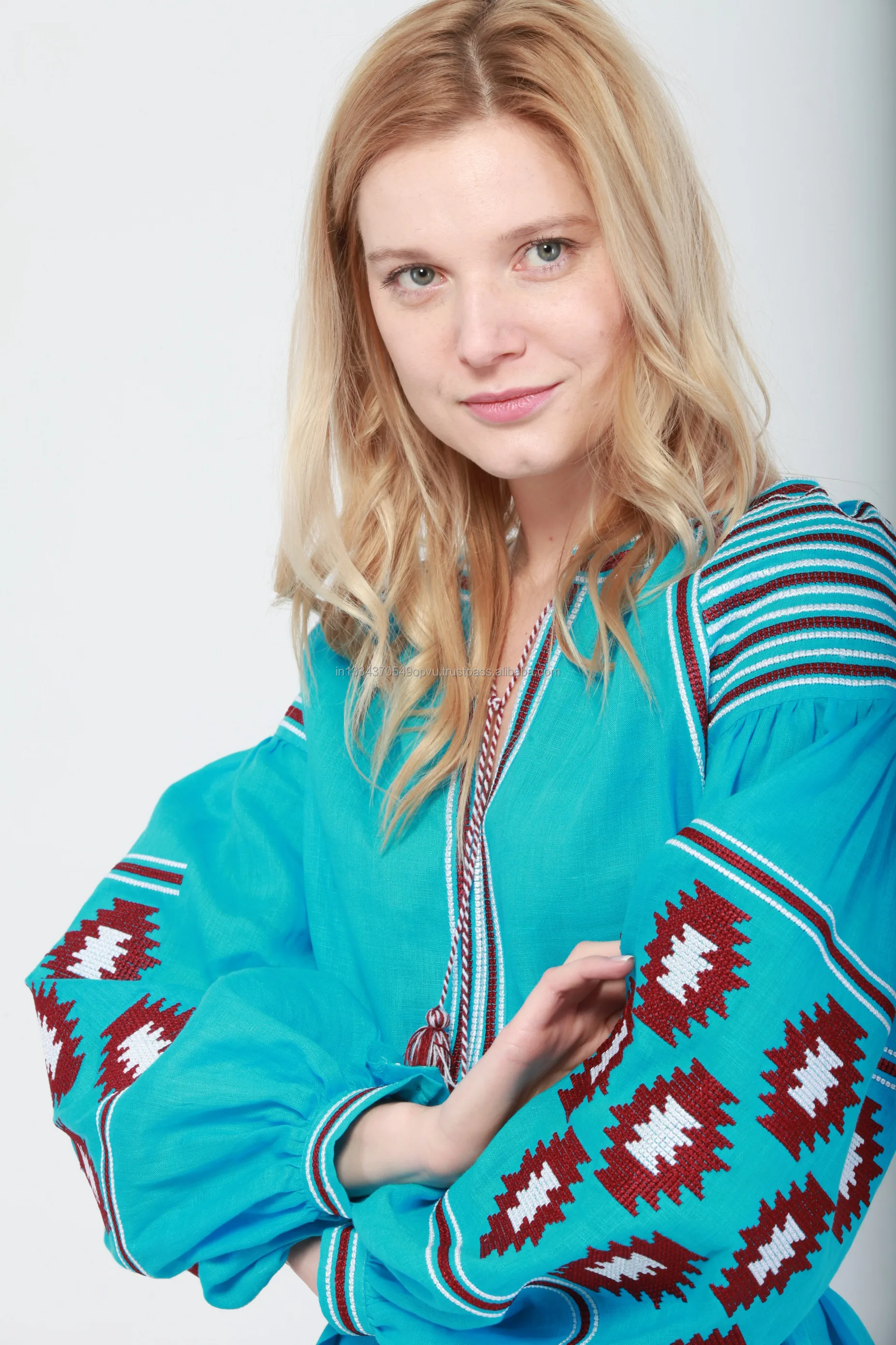 Hot Selling Exclusive Design Modern Fashion Sky Blue Women Long Dress Custom Embroidery Exquisite Patterns Hot Ukrainian Dress