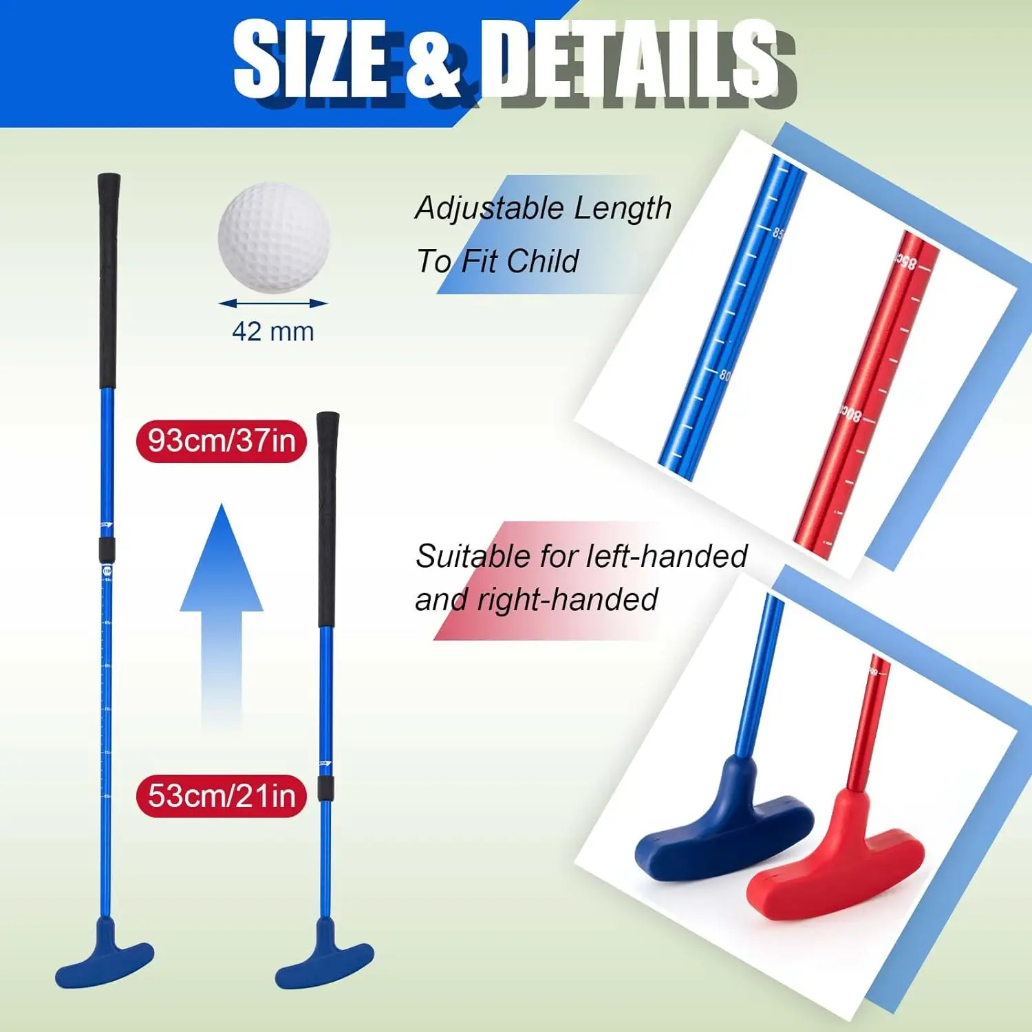 Two 2-segment bidirectional telescopic golf putters are suitable for any left-handed or right-handed golfer with 8 balls.