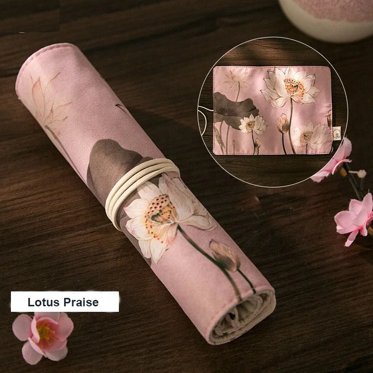 Chinese vintage painting style pencil roll wrap holder high quality pen pouch case