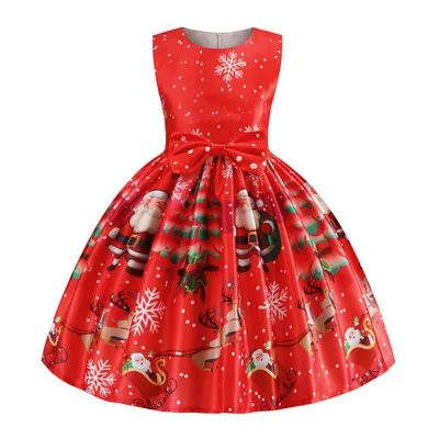 Hot Selling Vintage Dress Girls O-Neck Sleeveless Christmas Santa Claus Print Dresses Costumes For Girls