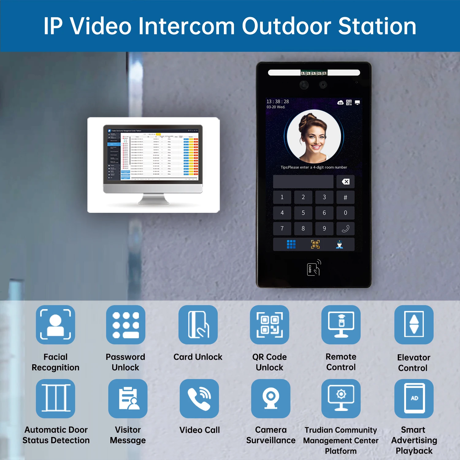 Trudian Camera Facial Recognition QR Code Cloud Remote Control Unlock Outdoor Station SIP Video Intercom WITH Elevator Control