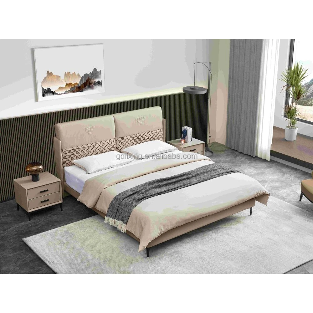 Leather light luxury modern simple wooden house bed frame double bed design furniture king size master bedroom soft bed