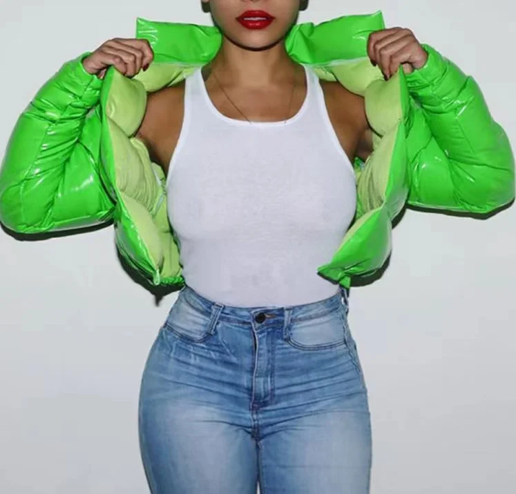Зимняя одежда 2021, женский укороченный пуховик из искусственной кожи с воротником-стойкой, пуховик для дам